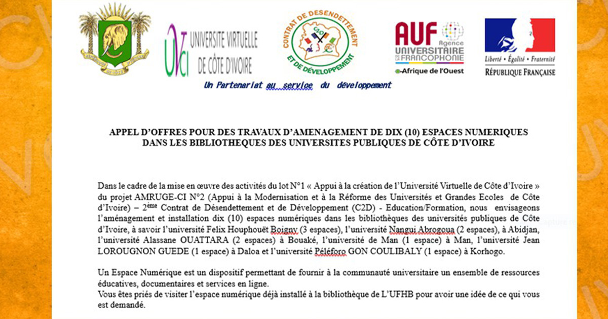 Appel d'offres pour des travaux amenagement de dix (10) espaces numeriques dans les bibliotheques des Universités Publiques de Côted'Ivoire